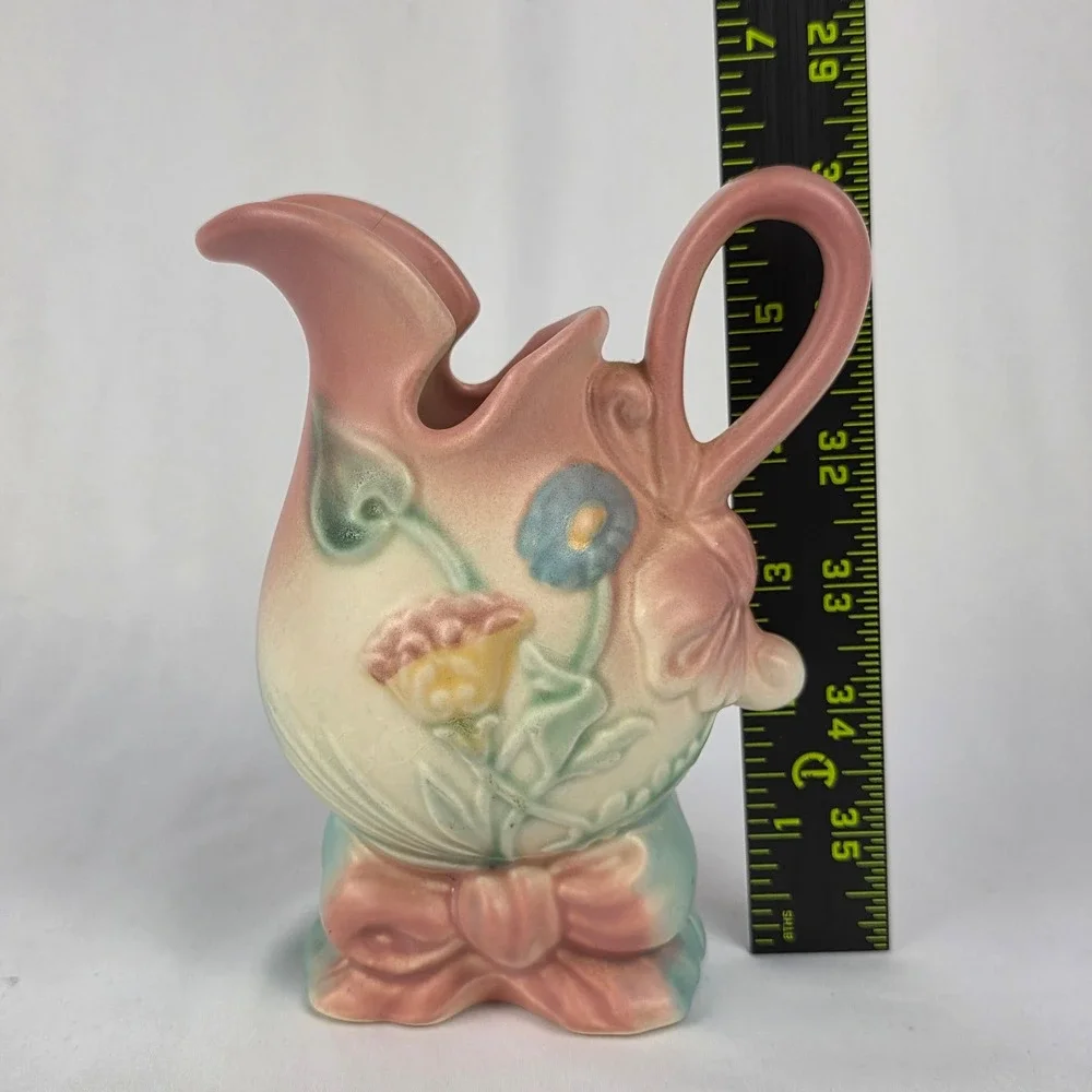 Hull Art USA Pottery‎ Pitcher Vase Flowers Bow Pink Blue Cream 6.25" Cracked - Picture 12 of 14